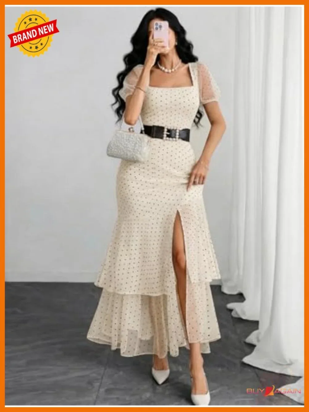 Polka Dot Maxi Dress Square Neck Puff Sleeve High Slit Ruffle Hem